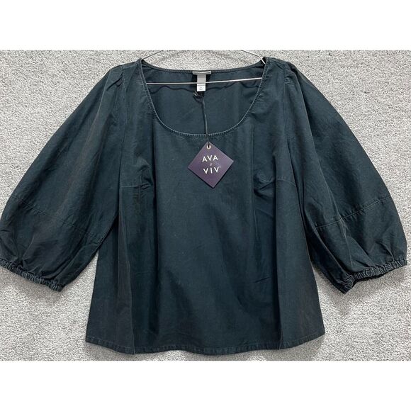 Ava & Viv Blouse Women's Plus 1X 3/4 Balloon Sleeve Black Washed Fabric Chambray - Picture 1 of 13